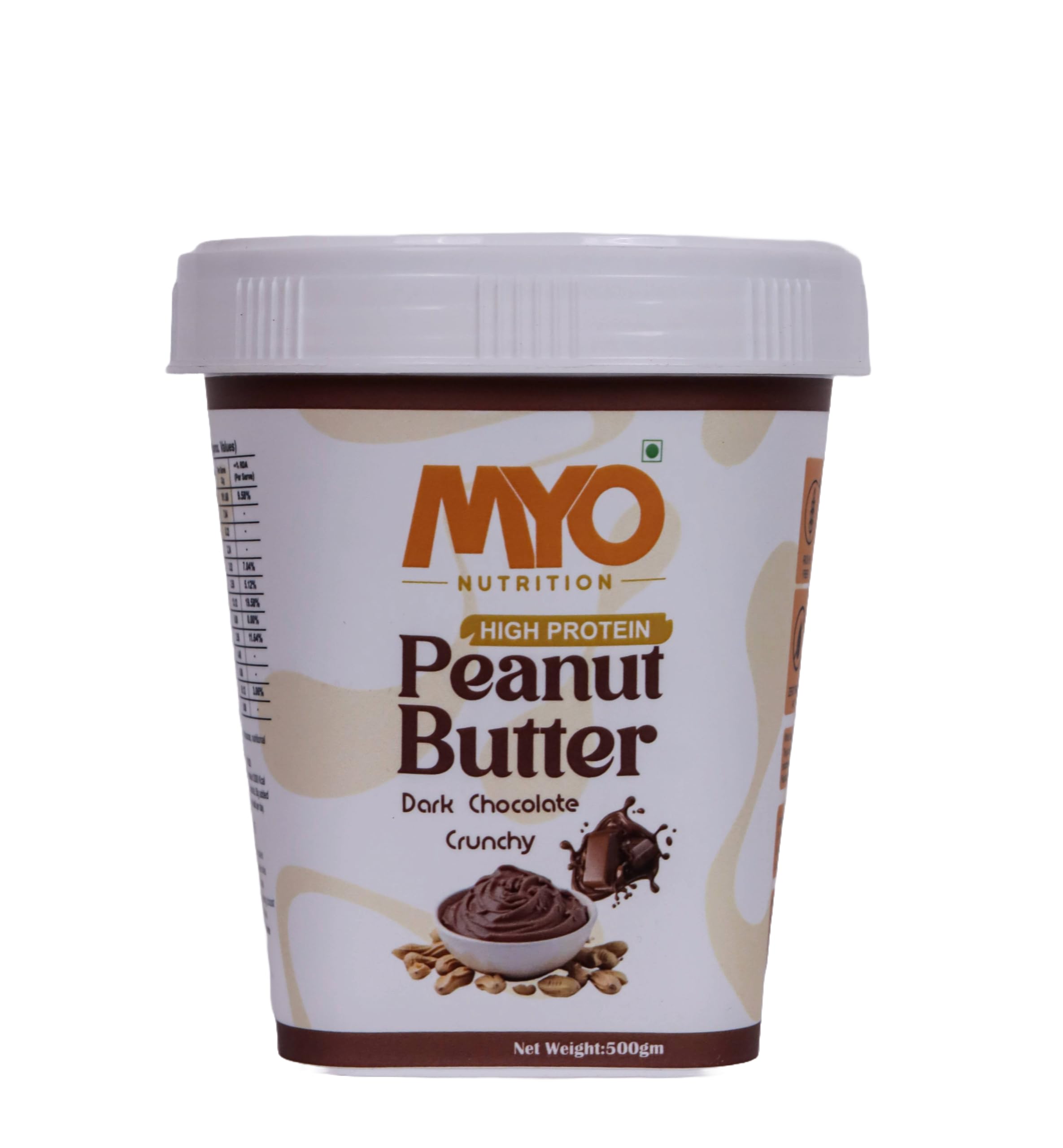 MYO Nutrition Dark Chocolate Crunchy High Protein Peanut Butter 500g | 22g Protein Per 100g | Zero Cholesterol | Zero Trans Fat | Rich in Fiber