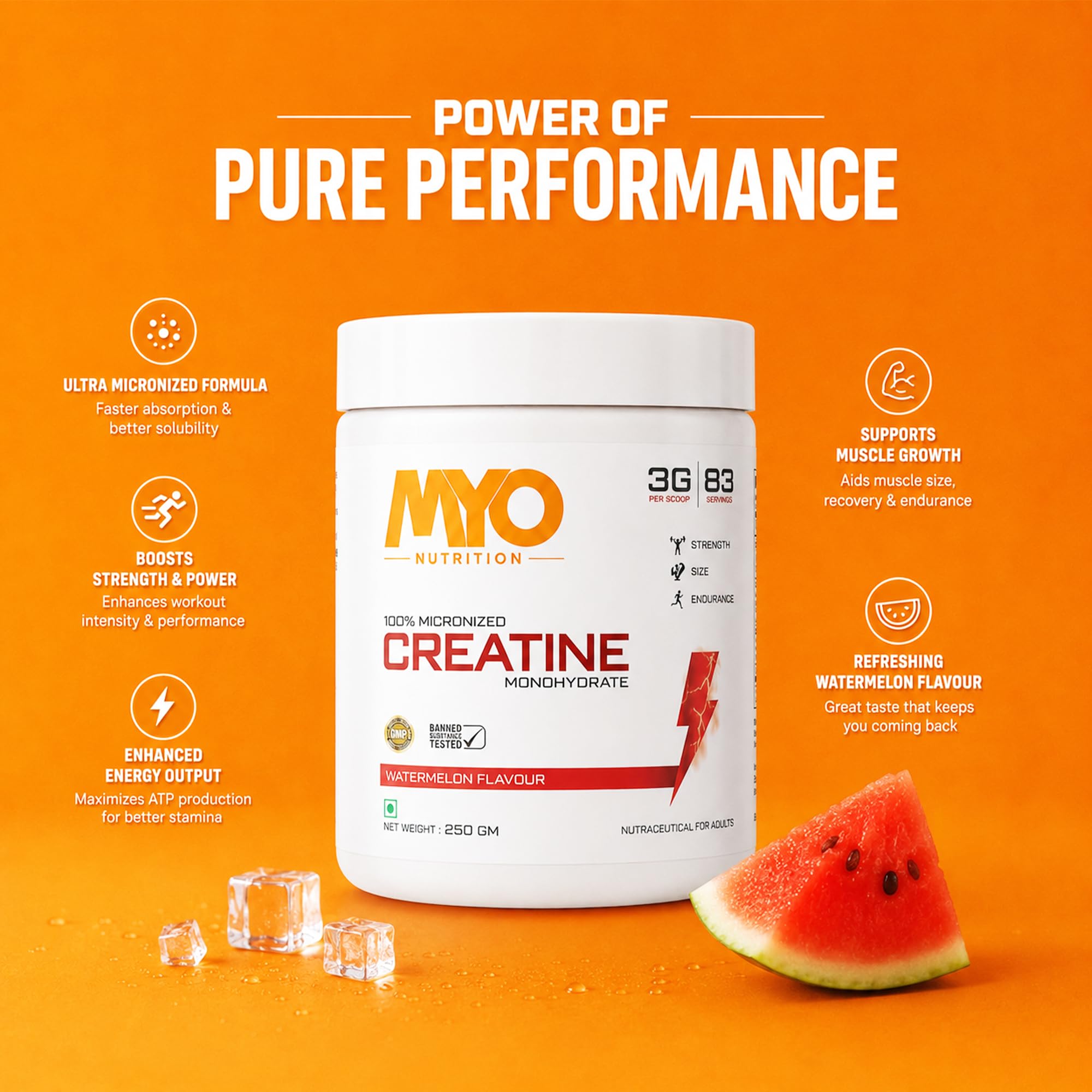 MYO Nutrition 100% Micronized Creatine Monohydrate - 250g - Watermelon Flavour