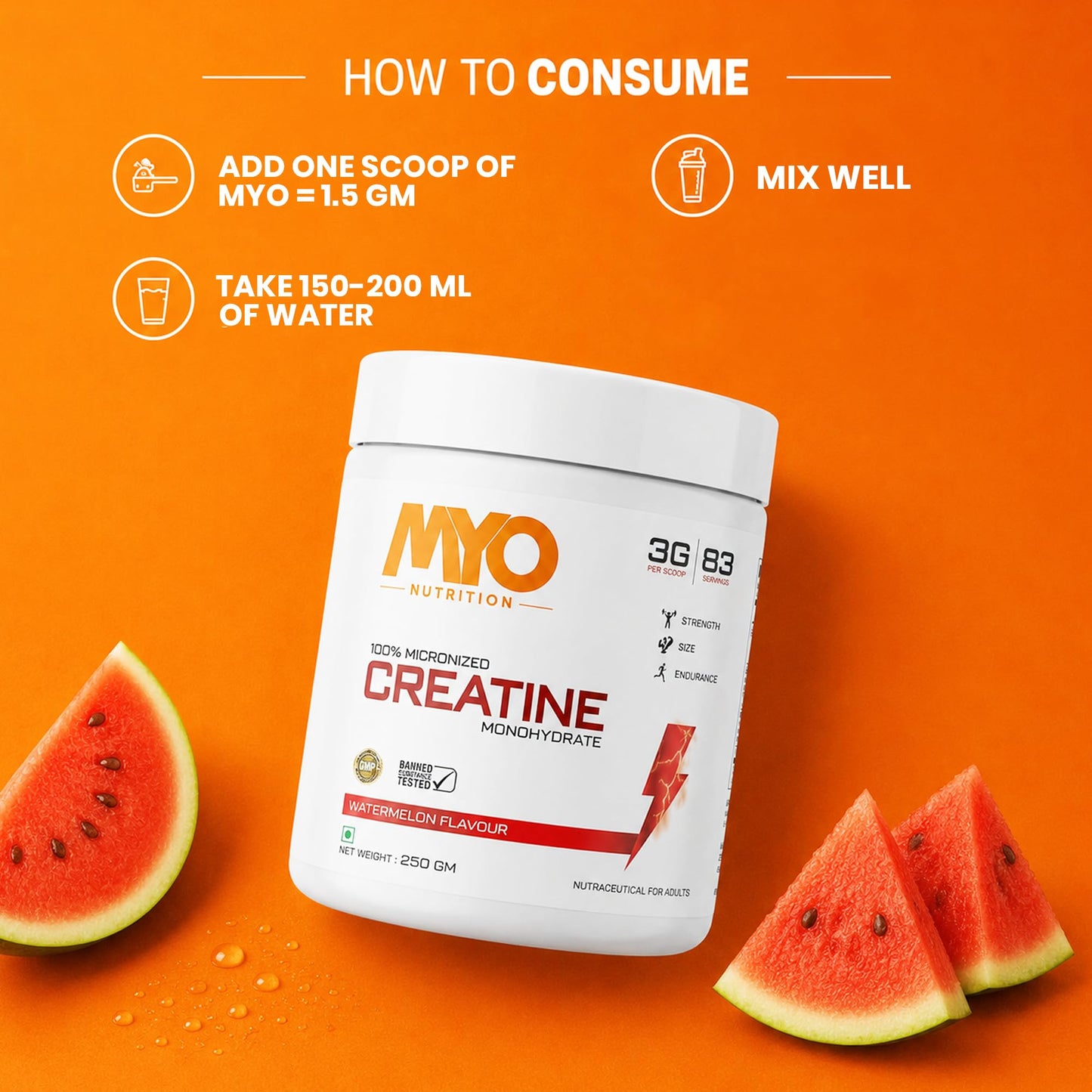 MYO Nutrition 100% Micronized Creatine Monohydrate - 250g - Watermelon Flavour