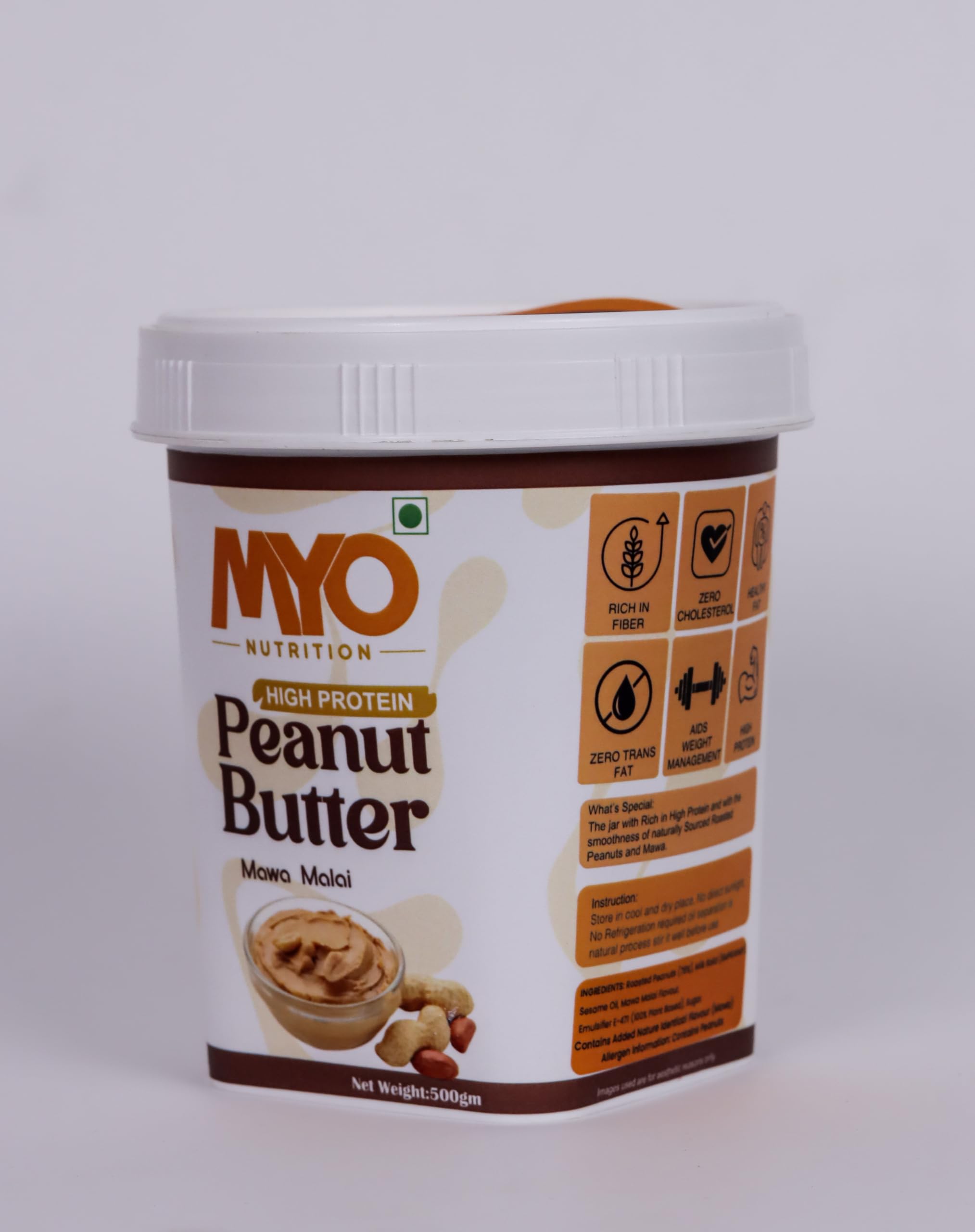 MYO Nutrition Mawa Malai Creamy Peanut Butter 500g | High Protein | Desi Flavour | Zero Cholesterol | Zero Trans Fat | Rich in Fiber