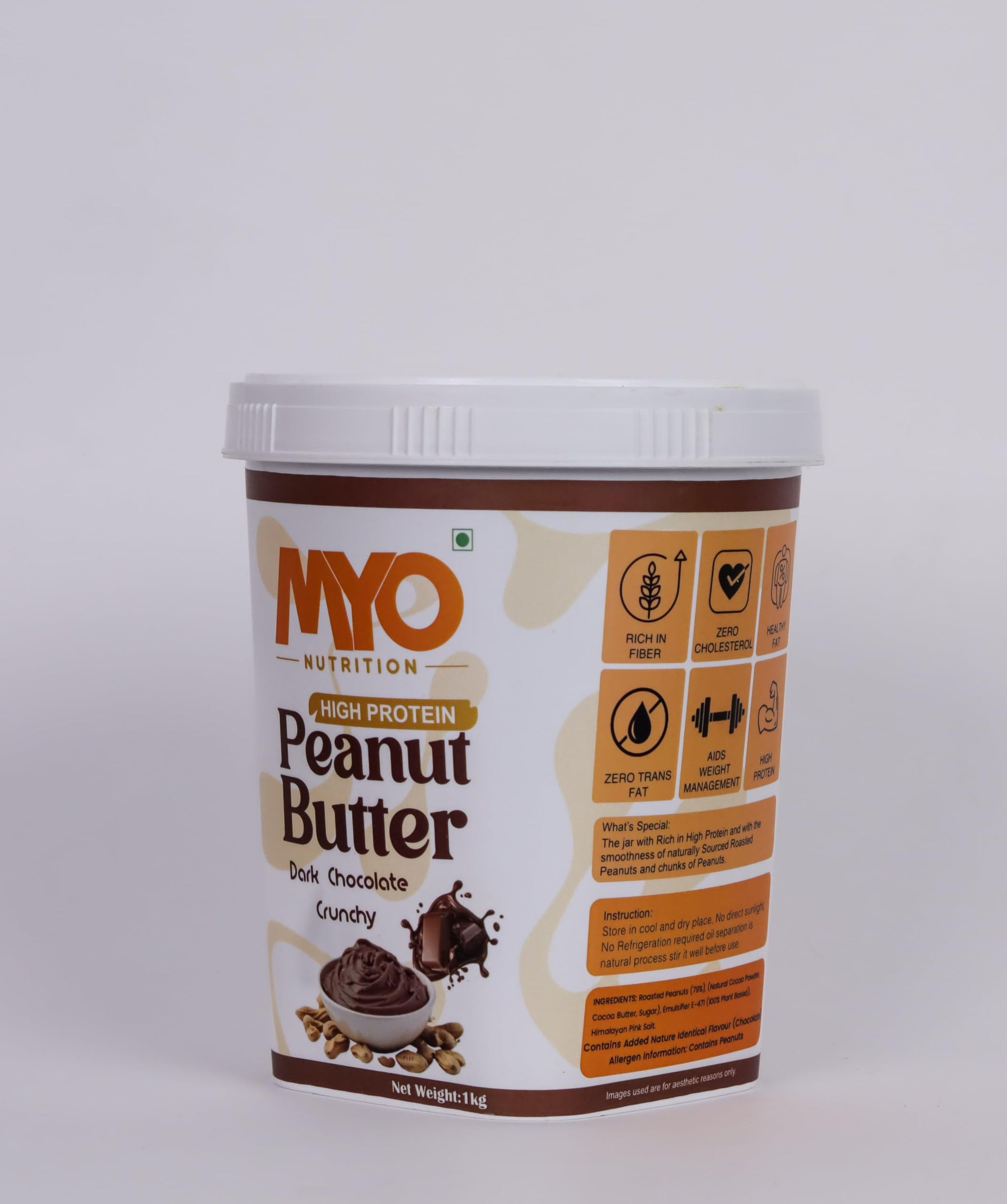 MYO Nutrition Dark Chocolate Crunchy High Protein Peanut Butter 1 Kg | 22g Protein Per 100g | Zero Cholesterol | Zero Trans Fat | Rich in Fiber