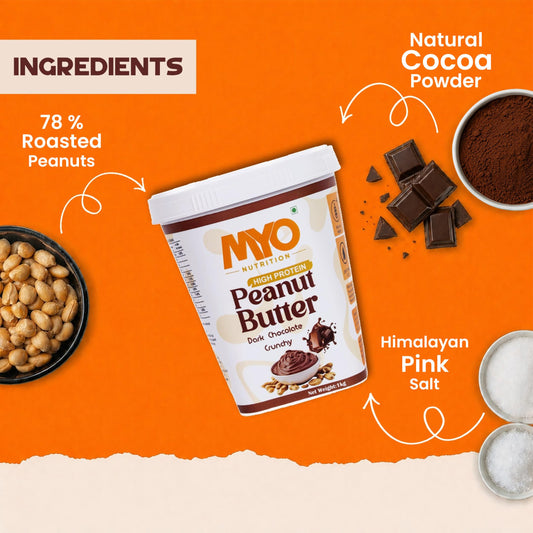 MYO Nutrition Dark Chocolate Crunchy High Protein Peanut Butter 500g | 22g Protein Per 100g | Zero Cholesterol | Zero Trans Fat | Rich in Fiber