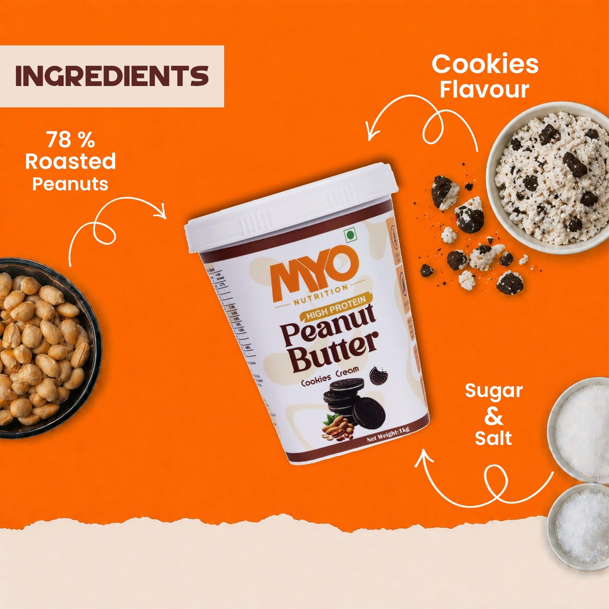 MYO Nutrition Cookies and Cream Peanut Butter 1 Kg | High Protein | Zero Cholesterol | Zero Trans Fat | Rich in Fiber | No Preservatives