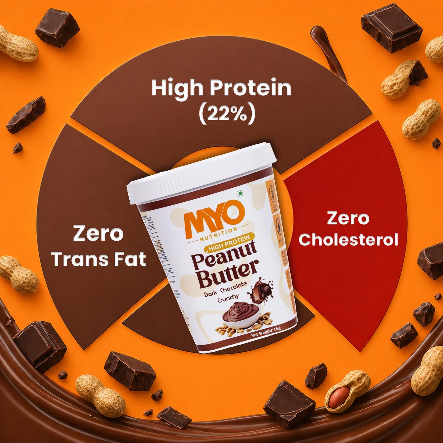 MYO Nutrition Dark Chocolate Crunchy High Protein Peanut Butter 500g | 22g Protein Per 100g | Zero Cholesterol | Zero Trans Fat | Rich in Fiber