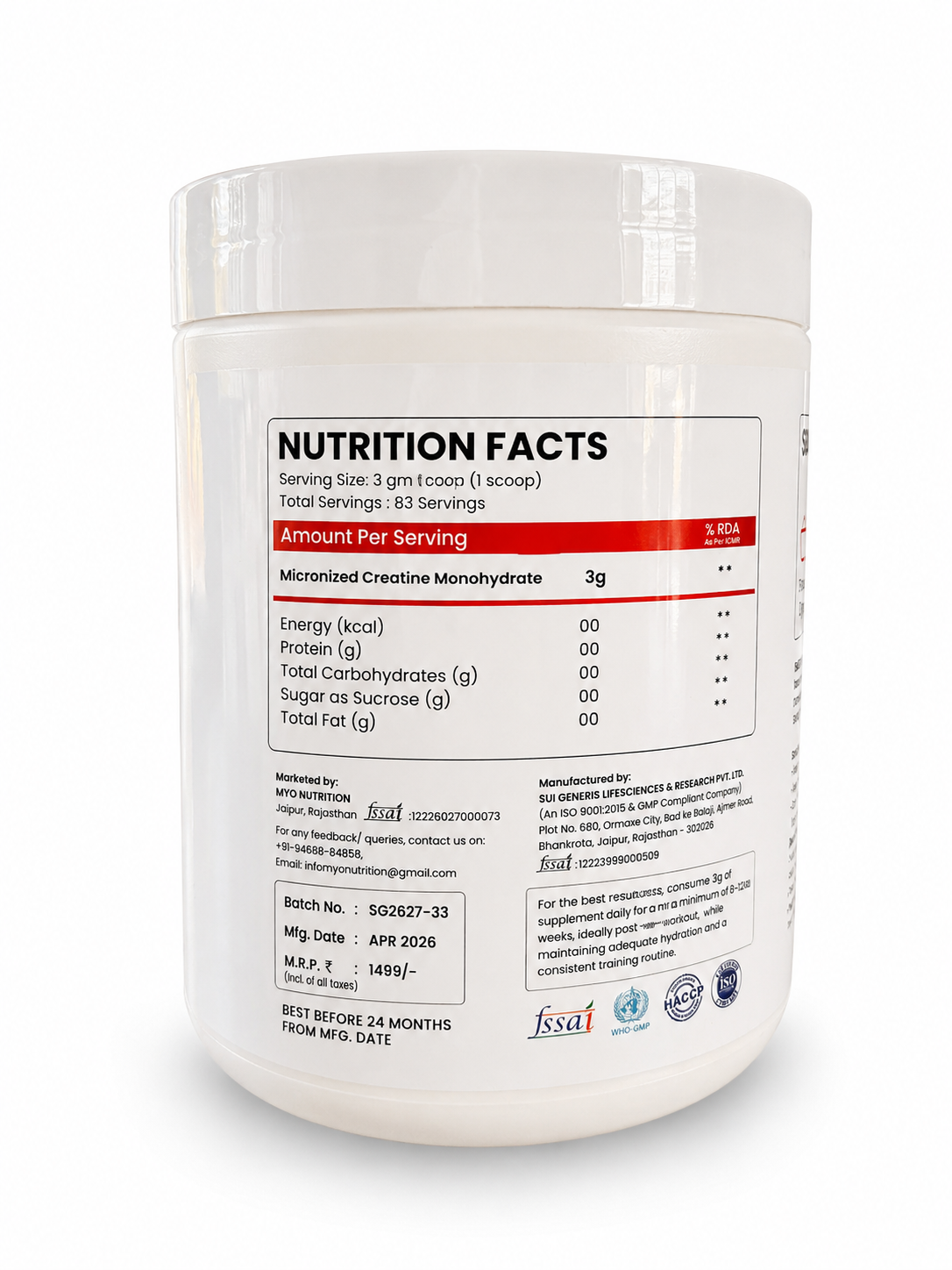 MYO Nutrition 100% Micronized Creatine Monohydrate - 250g - Watermelon Flavour